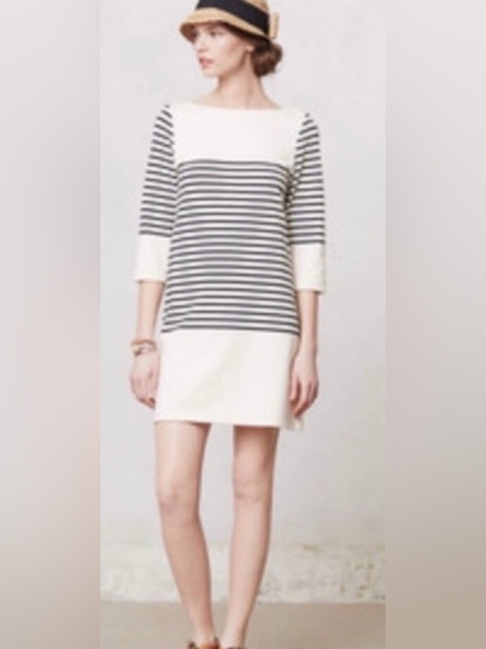 Anthropologie - Allihop - Cream and Black Striped Boatneck 3/4 Sleeve Dress